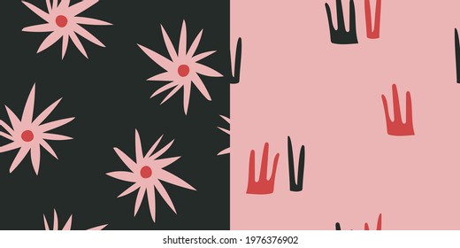 Abstract aesthetics in a set of seamless patterns. Contemporary illustration with bright abstract flowers and shapes. Great for textiles, paper, covering.