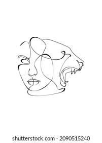 abstrakte Ästhetik, kontinuierliche Linie, Gesichtszeichnung und Frisur-Set, Modekonzept, minimalistische weibliche Schönheit, Vektorgrafik