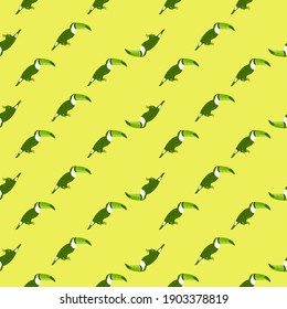 Abstract africa animal seamless pattern with exotic toucan bird print. Yellow bright background. Flat vector print for textile, fabric, giftwrap, wallpapers. Endless illustration.