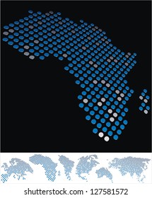 abstract Africa map from on array of blue and gray metallic points, on black background with maps of the continents on the white bottom line