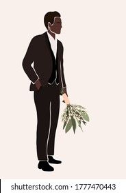 Abstract african american black groom in wedding suit with bouquet in hand isolated on light background. Fashion minimal trendy man in cartoon style. Trendy poster wall print decor vector illustration