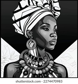 abstract african american woman wearing turban with african pattern. black and white. vector illustration. for fashion design and tshirt print svg