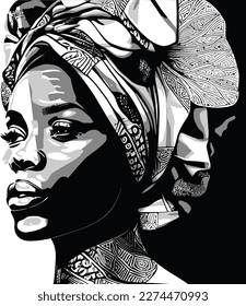 abstract african american woman wearing turban with african pattern. black and white. vector illustration. for fashion design and tshirt print