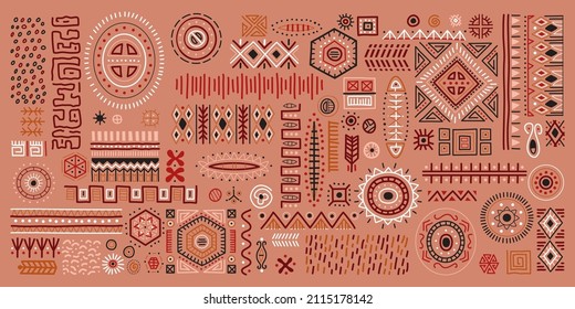 Abstract African art shapes collection, tribal geometric decoration set. Isolated colored flat vector boho symbols illustrations. Ancient indian shapes and animal print doodles.