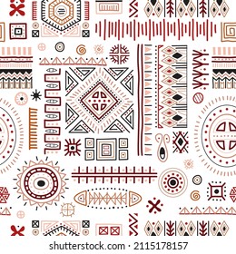 Abstract African art shapes seamless background, tribal geometric decoration pattern. Colored flat vector boho symbols illustrations. Ancient indian shapes and animal print doodles.