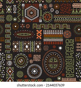 Abstract African art shapes seamless background, tribal geometric decoration pattern. Colored flat vector boho symbols illustrations. Ancient indian shapes and animal print doodles.