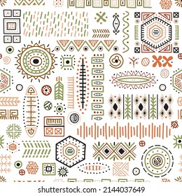 Abstract African art shapes seamless background, tribal geometric decoration pattern. Colored flat vector boho symbols illustrations. Ancient indian shapes and animal print doodles.