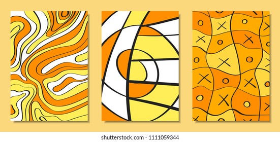 Abstract African Backgrounds Set with Handwritten Wavy Lines and Mosaic Elements. Cover Design Templates in Ethnic Style. Vector Psychedelic Illustration Applicable for Posters, Layout, Splash Screen.