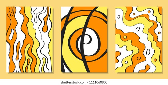 Abstract African Backgrounds Set with Handwritten Wavy Lines and Mosaic Elements. Cover Design Templates in Ethnic Style. Vector Psychedelic Illustration Applicable for Posters, Layout, Splash Screen.