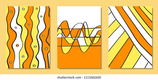 Abstract African Backgrounds Set with Handwritten Wavy Lines and Mosaic Elements. Cover Design Templates in Ethnic Style. Vector Psychedelic Illustration Applicable for Posters, Layout, Splash Screen.