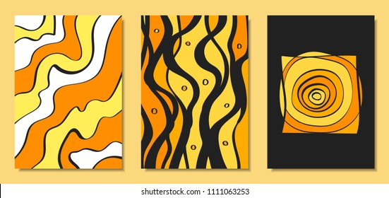 Abstract African Backgrounds Set with Handwritten Wavy Lines and Mosaic Elements. Cover Design Templates in Ethnic Style. Vector Psychedelic Illustration Applicable for Posters, Layout, Splash Screen.