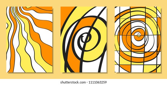 Abstract African Backgrounds Set with Handwritten Wavy Lines and Mosaic Elements. Cover Design Templates in Ethnic Style. Vector Psychedelic Illustration Applicable for Posters, Layout, Splash Screen.