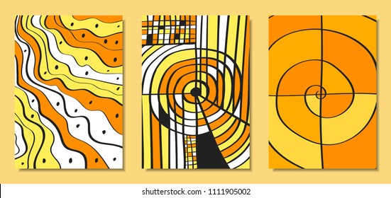 Abstract African Backgrounds Set with Handwritten Wavy Lines and Mosaic Elements. Cover Design Templates in Ethnic Style. Vector Psychedelic Illustration Applicable for Posters, Layout, Splash Screen.
