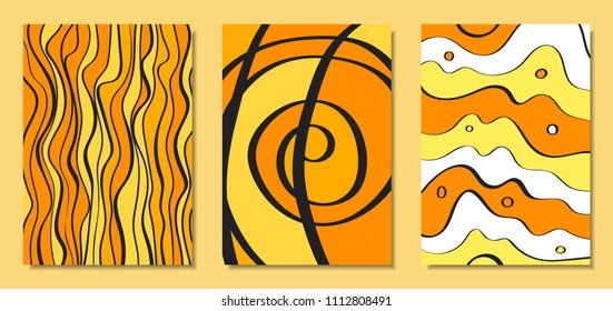 Abstract African Backgrounds Set with Handwritten Wavy Lines and Mosaic Elements. Cover Design Templates in Ethnic Style. Vector Psychedelic Illustration Applicable for Posters, Layout, Splash Screen.