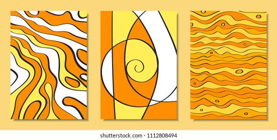 Abstract African Backgrounds Set with Handwritten Wavy Lines and Mosaic Elements. Cover Design Templates in Ethnic Style. Vector Psychedelic Illustration Applicable for Posters, Layout, Splash Screen.