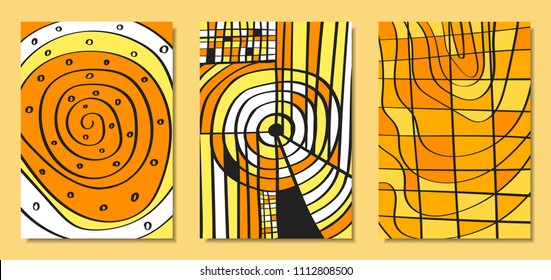 Abstract African Backgrounds Set with Handwritten Wavy Lines and Mosaic Elements. Cover Design Templates in Ethnic Style. Vector Psychedelic Illustration Applicable for Posters, Layout, Splash Screen.
