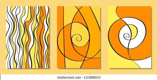 Abstract African Backgrounds Set with Handwritten Wavy Lines and Mosaic Elements. Cover Design Templates in Ethnic Style. Vector Psychedelic Illustration Applicable for Posters, Layout, Splash Screen.