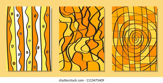 Abstract African Backgrounds Set with Handwritten Wavy Lines and Mosaic Elements. Cover Design Templates in Ethnic Style. Vector Psychedelic Illustration Applicable for Posters, Layout, Splash Screen.