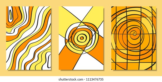 Abstract African Backgrounds Set with Handwritten Wavy Lines and Mosaic Elements. Cover Design Templates in Ethnic Style. Vector Psychedelic Illustration Applicable for Posters, Layout, Splash Screen.