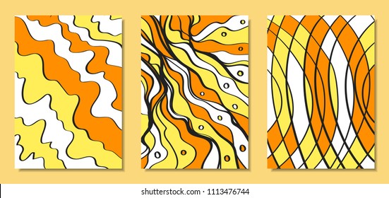 Abstract African Backgrounds Set with Handwritten Wavy Lines and Mosaic Elements. Cover Design Templates in Ethnic Style. Vector Psychedelic Illustration Applicable for Posters, Layout, Splash Screen.