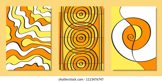 Abstract African Backgrounds Set with Handwritten Wavy Lines and Mosaic Elements. Cover Design Templates in Ethnic Style. Vector Psychedelic Illustration Applicable for Posters, Layout, Splash Screen.