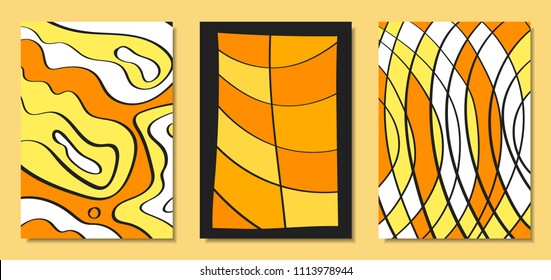 Abstract African Backgrounds Set with Handwritten Wavy Lines and Mosaic Elements. Cover Design Templates in Ethnic Style. Vector Psychedelic Illustration Applicable for Posters, Layout, Splash Screen.