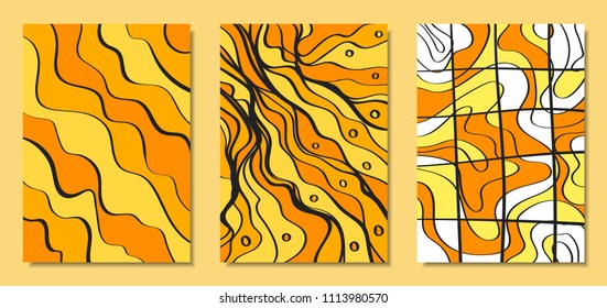 Abstract African Backgrounds Set with Handwritten Wavy Lines and Mosaic Elements. Cover Design Templates in Ethnic Style. Vector Psychedelic Illustration Applicable for Posters, Layout, Splash Screen.