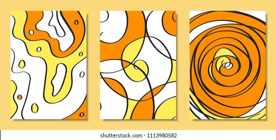 Abstract African Backgrounds Set with Handwritten Wavy Lines and Mosaic Elements. Cover Design Templates in Ethnic Style. Vector Psychedelic Illustration Applicable for Posters, Layout, Splash Screen.