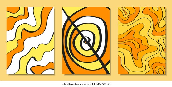 Abstract African Backgrounds Set with Handwritten Wavy Lines and Mosaic Elements. Cover Design Templates in Ethnic Style. Vector Psychedelic Illustration Applicable for Posters, Layout, Splash Screen.
