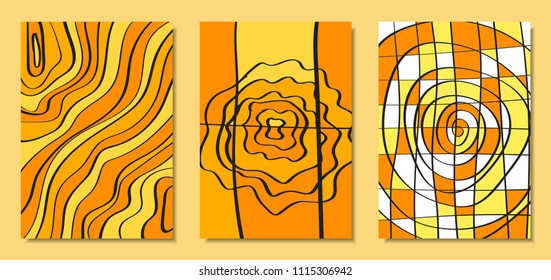 Abstract African Backgrounds Set with Handwritten Wavy Lines and Mosaic Elements. Cover Design Templates in Ethnic Style. Vector Psychedelic Illustration Applicable for Posters, Layout, Splash Screen.
