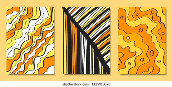 Abstract African Backgrounds Set with Handwritten Wavy Lines and Mosaic Elements. Cover Design Templates in Ethnic Style. Vector Psychedelic Illustration Applicable for Posters, Layout, Splash Screen.