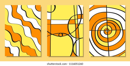 Abstract African Backgrounds Set with Handwritten Wavy Lines and Mosaic Elements. Cover Design Templates in Ethnic Style. Vector Psychedelic Illustration Applicable for Posters, Layout, Splash Screen.