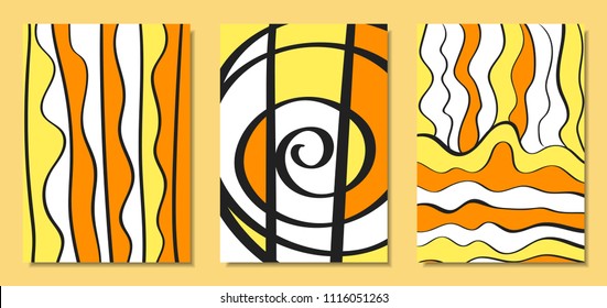 Abstract African Backgrounds Set with Handwritten Wavy Lines and Mosaic Elements. Cover Design Templates in Ethnic Style. Vector Psychedelic Illustration Applicable for Posters, Layout, Splash Screen.