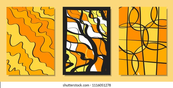 Abstract African Backgrounds Set with Handwritten Wavy Lines and Mosaic Elements. Cover Design Templates in Ethnic Style. Vector Psychedelic Illustration Applicable for Posters, Layout, Splash Screen.