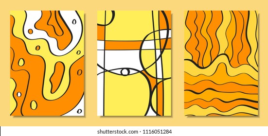 Abstract African Backgrounds Set with Handwritten Wavy Lines and Mosaic Elements. Cover Design Templates in Ethnic Style. Vector Psychedelic Illustration Applicable for Posters, Layout, Splash Screen.