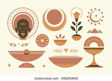 Abstract african ethnic decorative design elements set vector Illustration. Female face silhouette, moon crescent, flower shape and other traditional symbols.