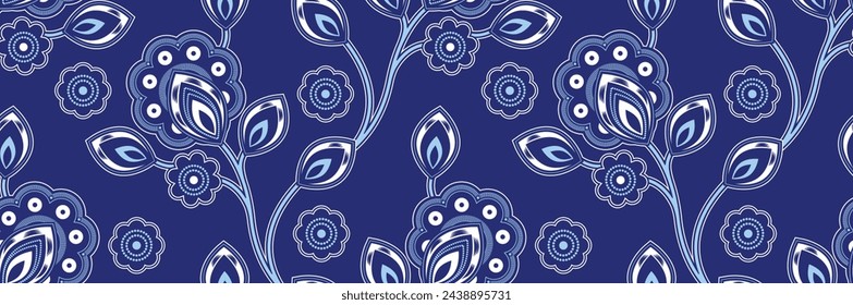 Abstract African Flower and Floral Pattern with Graceful Leafy Branches on Yellow Background, Ethnic Textile Art, Fashion Artwork for Fabric Printing on Stylish Clothing