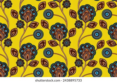 Abstract African Flower and Floral Pattern with Graceful Leafy Branches on Yellow Background, Ethnic Textile Art, Fashion Artwork for Fabric Printing on Stylish Clothing