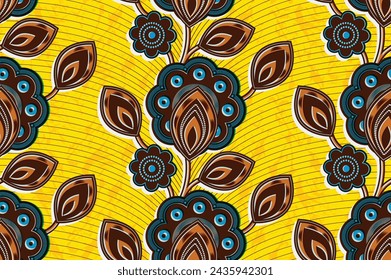 Abstract African Flower, Vibrant Seamless Pattern and curves on yellow background, Textile Art, Fashion Artwork for Fabric Printing on Stylish Clothing and Bags, Ethnic Design.