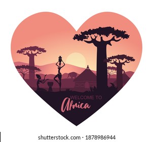 Abstract African landscape with women at sunset in the shape of a heart