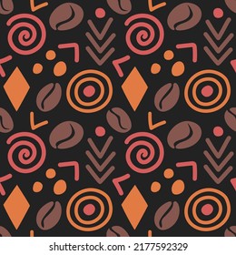 Abstract African seamless pattern with coffee beans. Ethical minimalist wrapping paper. Afro oriental wallpaper. Beautiful geometric simple shapes. 