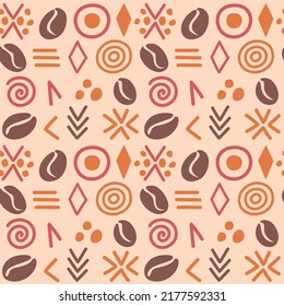 Abstract African seamless pattern with coffee beans. Ethical minimalist wrapping paper. Afro oriental wallpaper. Beautiful geometric simple shapes. 