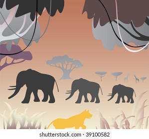 Abstract african sunset with animals. Vector illustration.