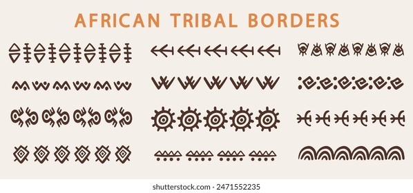 Abstract African tribal borders geometric shapes set. Ethnic boho strokes dividers doodle folk decoration elements collection. Colorful traditional hand drawn design. Vector Illustration