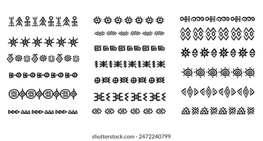 Abstract African tribal borders geometric shapes set. Ethnic boho strokes dividers doodle folk decoration elements collection. Colorful traditional hand drawn design. Vector Illustration
