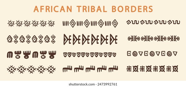 Abstract African tribal borders geometric shapes set. Ethnic boho strokes dividers doodle folk decoration elements collection. Colorful traditional hand drawn design. Vector Illustration