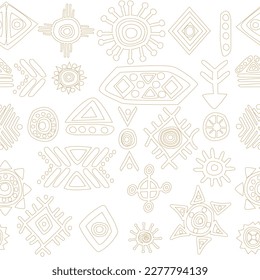 Abstract African tribal geometric motifs background. Ancient ethnic traditional seamless pattern with symbols and signs in doodle style