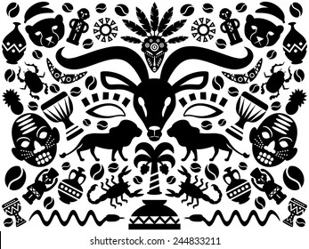 Abstract African Tribal Ornamental Background with animals, vases, drums and decorative elements. Vector illustration