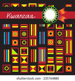 Abstract african vector ornament. Bright  multicolor stylization pattern for Kwanzaa holidays (Joyous Kwanzaa). With black and green ribbon and label. Geometric ornament in Kente cloth style. Eps 10.