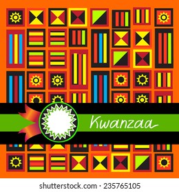 Abstract african vector ornament. Bright  multicolor stylization pattern for Kwanzaa holidays (Joyous Kwanzaa). With black and green ribbon and label. Geometric ornament in Kente cloth style. Eps 10.